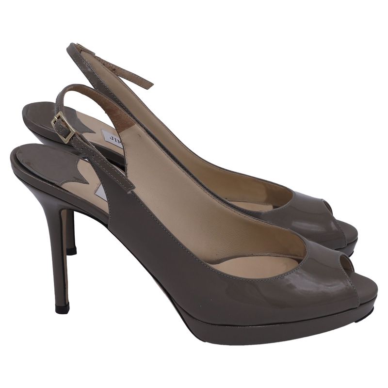 Jimmy Choo Peep Toe Platform Slingback Pumps In Beige Patent Leather